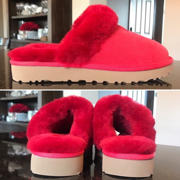 New UGG Cozy Slipper, Ribbon Red Fuzzy Slippers, Cherry Red Plush Slip-Ons, UGGs - Picture 4 of 16